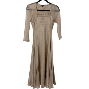 KOMAROV Dress size medium Special Occasion Beaded crinkle Charmeuse Maxi beige
